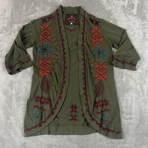 Johnny Was JW Los Angeles Kimono Womens XS Green Embroidered Boho Open Front Top